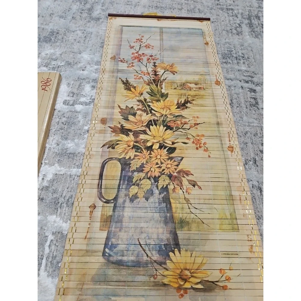Vintage‎ 1986 Wooden Scroll Calendar Cane Wall Hanging Floral Scene Birds